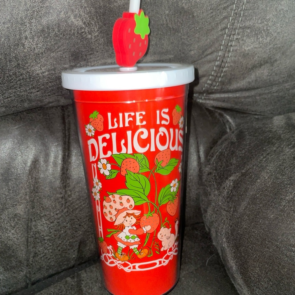 Strawberry Shortcake Tumbler Life is Delicious 20oz Red Cat Cup Straw Topper New